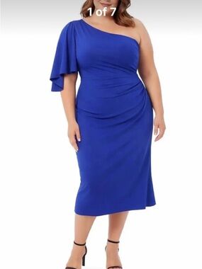 MARINA One-Shoulder Midi Dress in Cobalt Blue